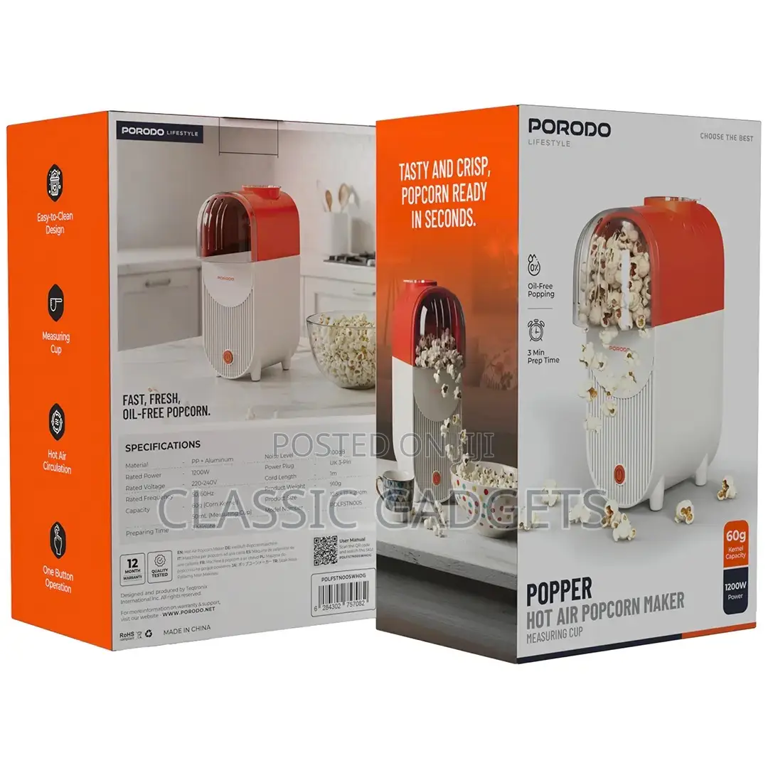 Porodo Lifestyle Popper Hot Air Popcorn Maker With Measuring Cup