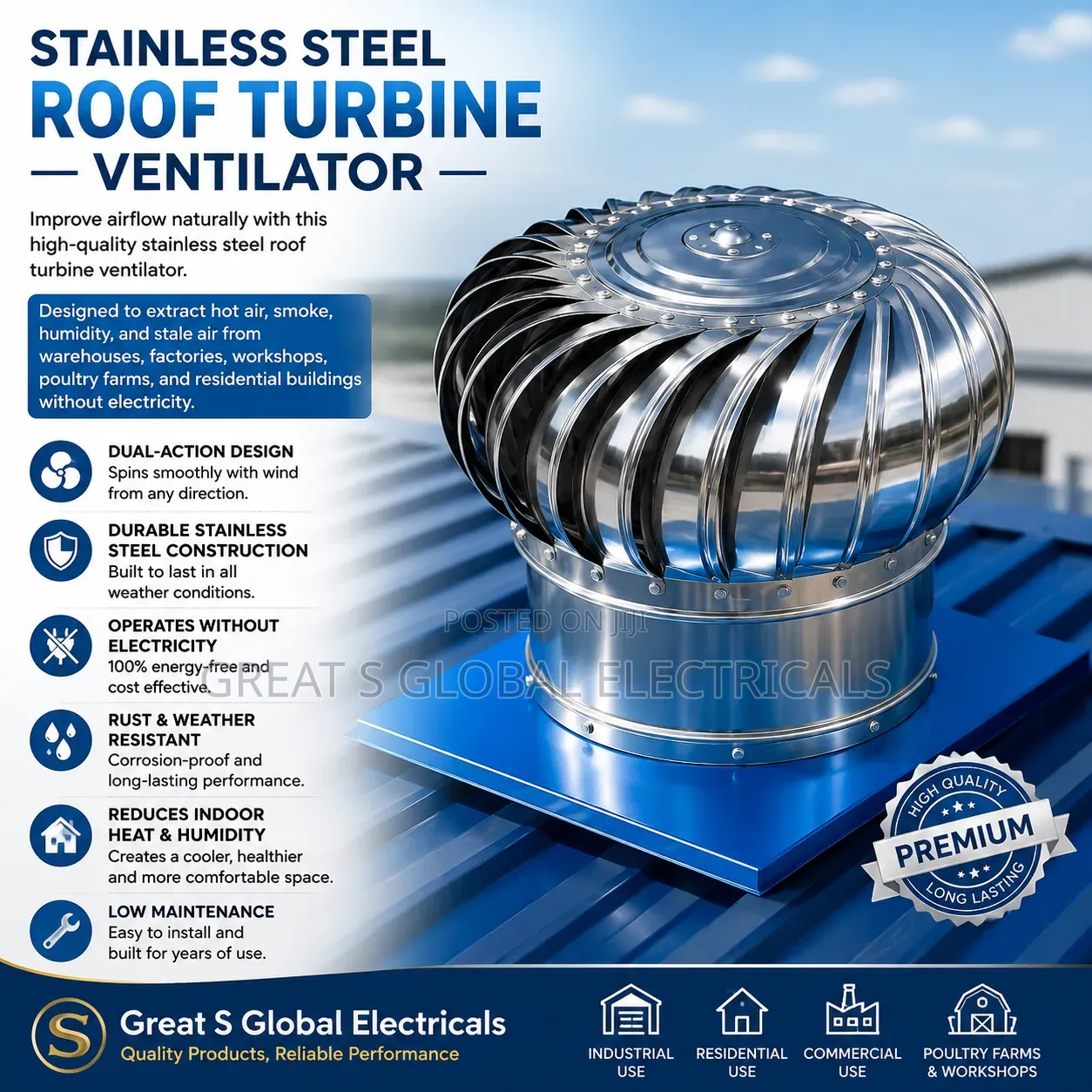 Stainless Steel Roof Turbine Ventilator 600m