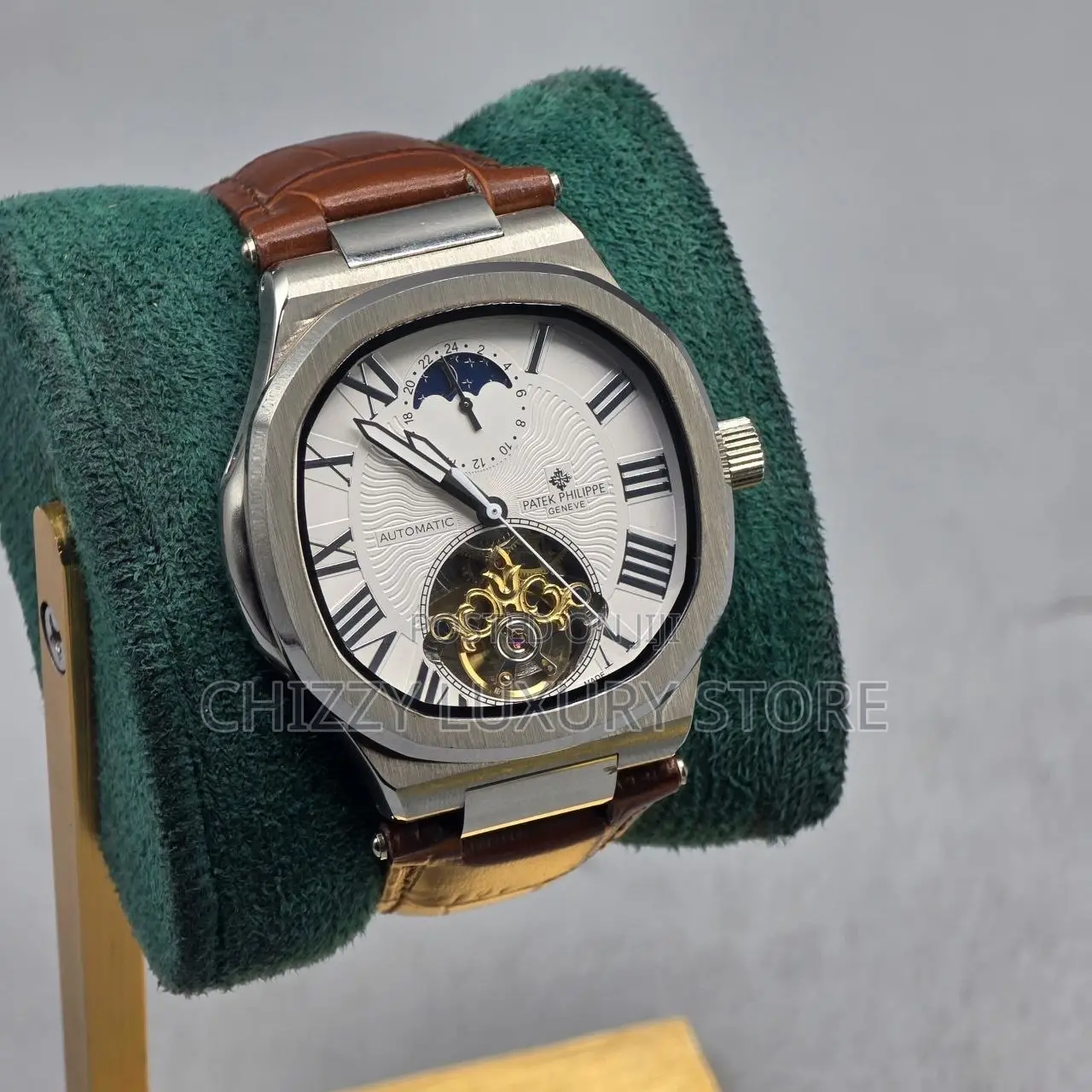 Patek Philippe Quality Men Genuine Leather Automatic Engine Wristwatch