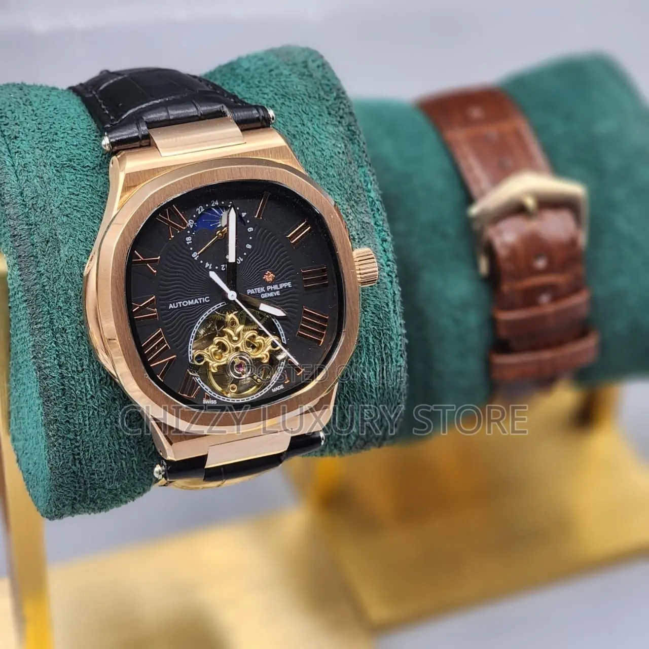 Patek Philippe Quality Men Genuine Leather Automatic Engine Wristwatch