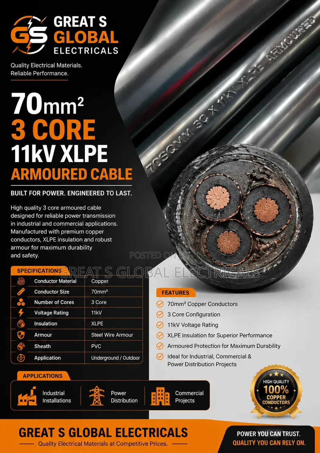 70mm2 3 Core 11kv Xlpe Armoured Cable