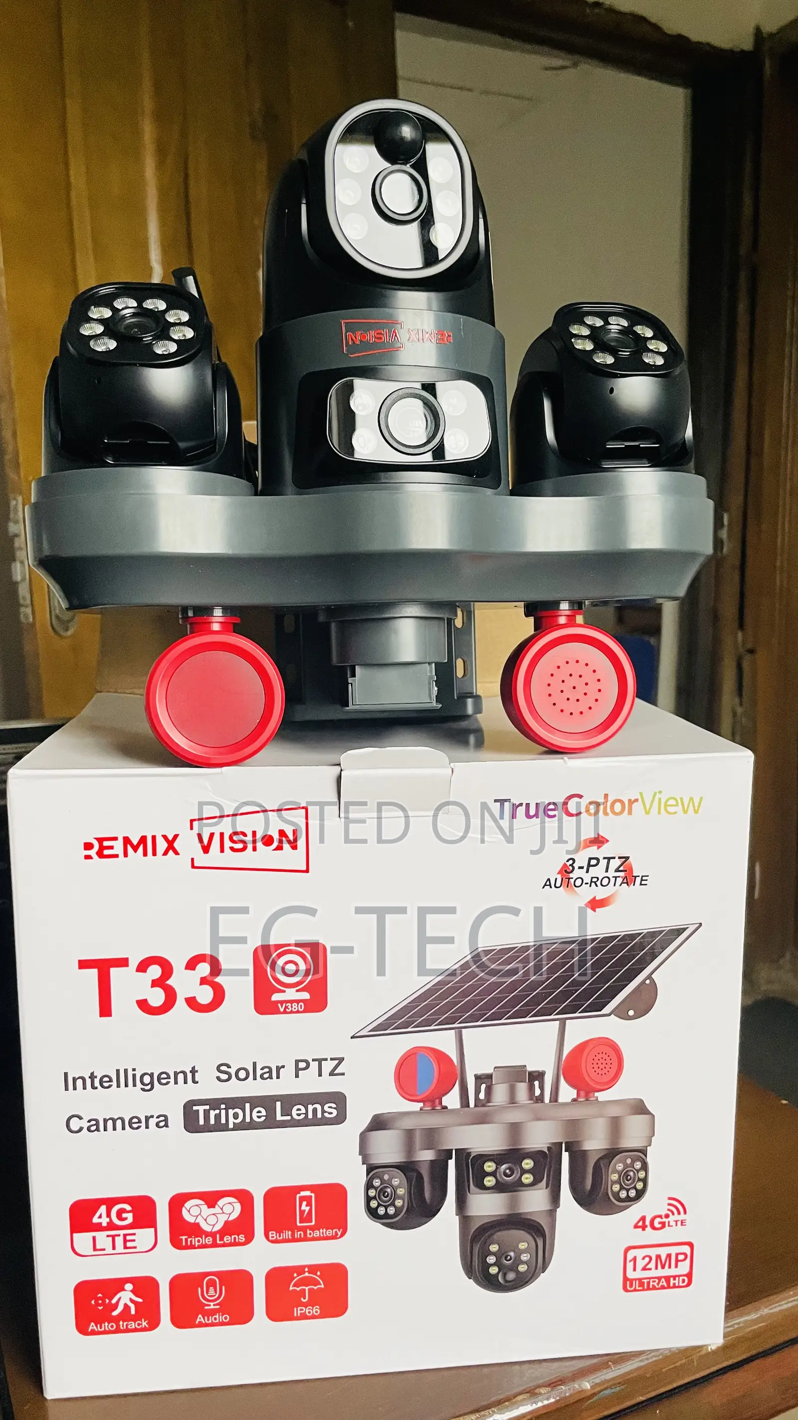 Full Rotation 3 Lens CCTV Camera Solar Powered