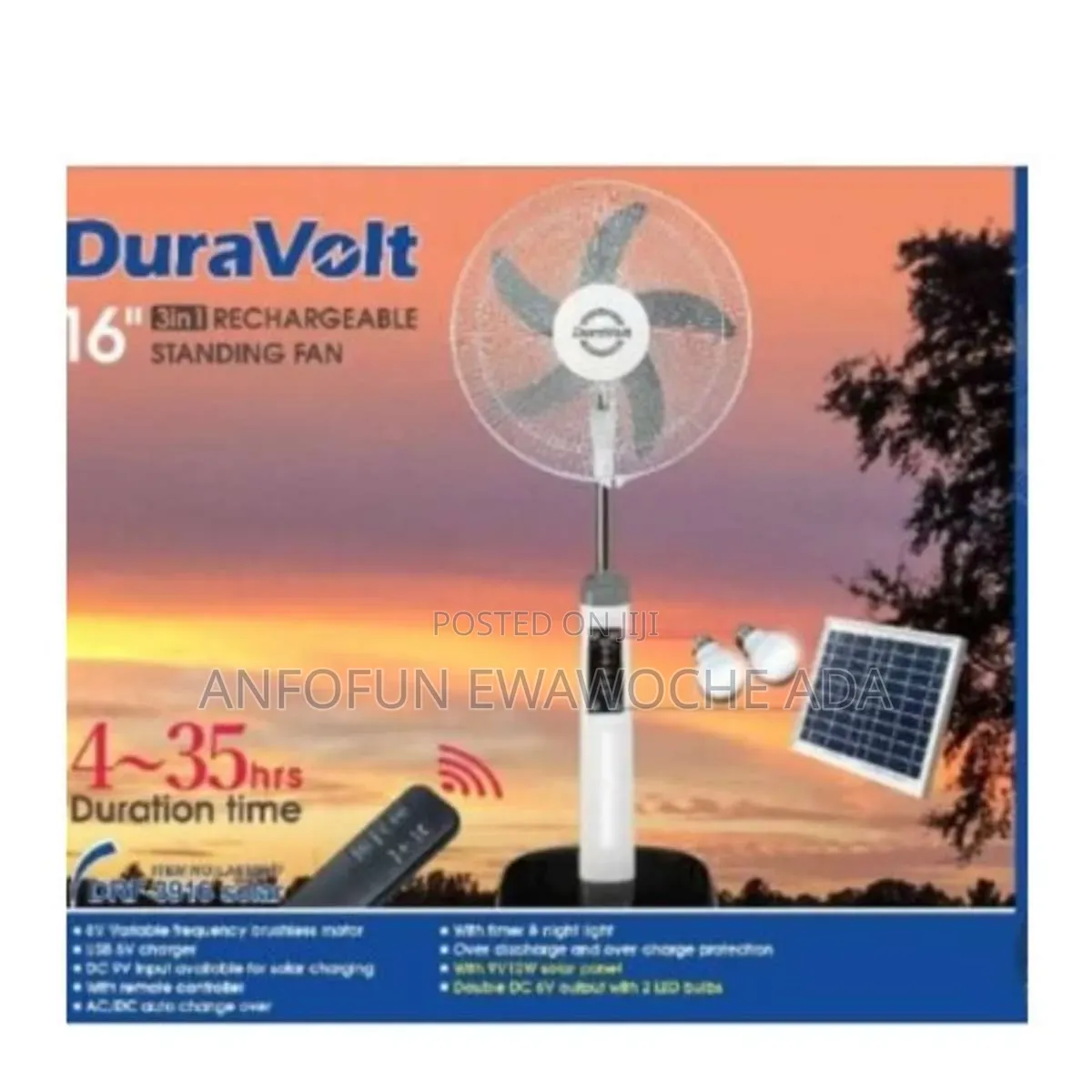 Duravolt 16" 3-in-1 Rechargeable Standing Fan + Solar Panel/Bulbs