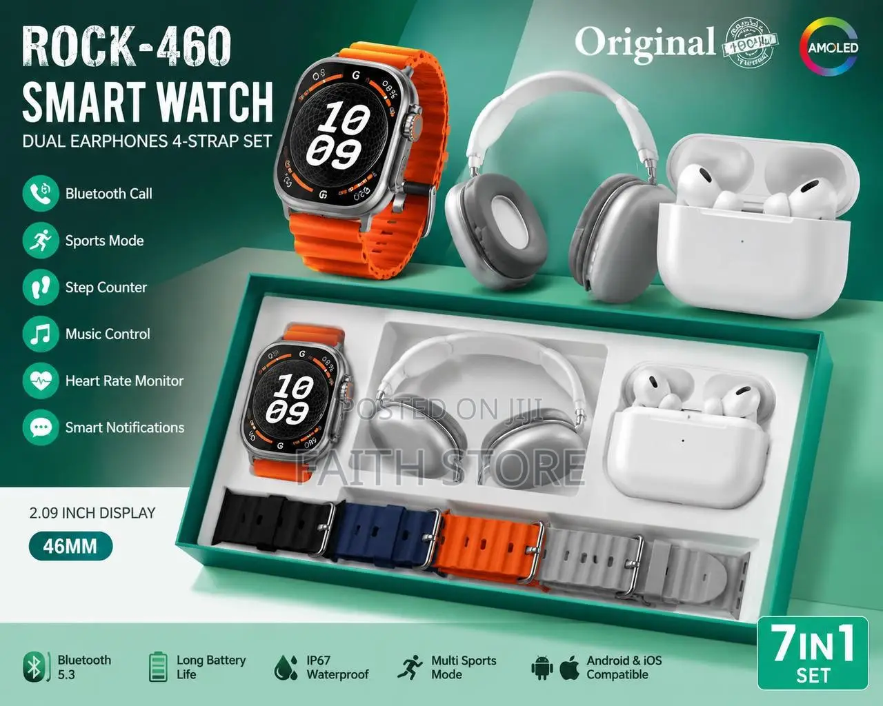 7in1 Rock-460 Bluetooth Calling Smartwatch Dual Earbuds Gift Set