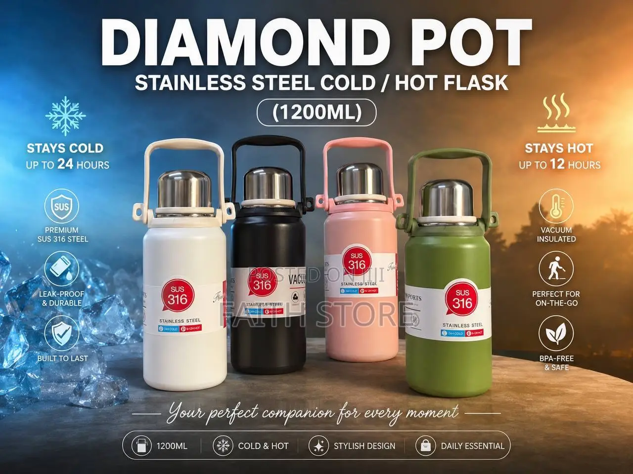 Diamond Pot Stainless Steel Hot Cold Water Flask (1200ml)
