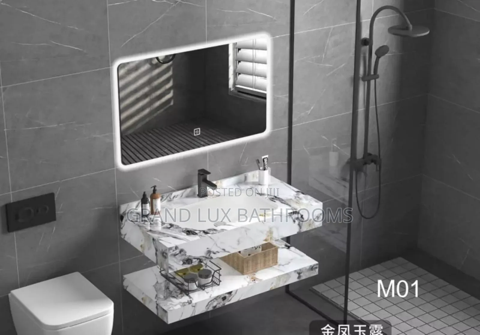 Modern Floating Marble-Effect Bathroom Vanity With Led Mirror