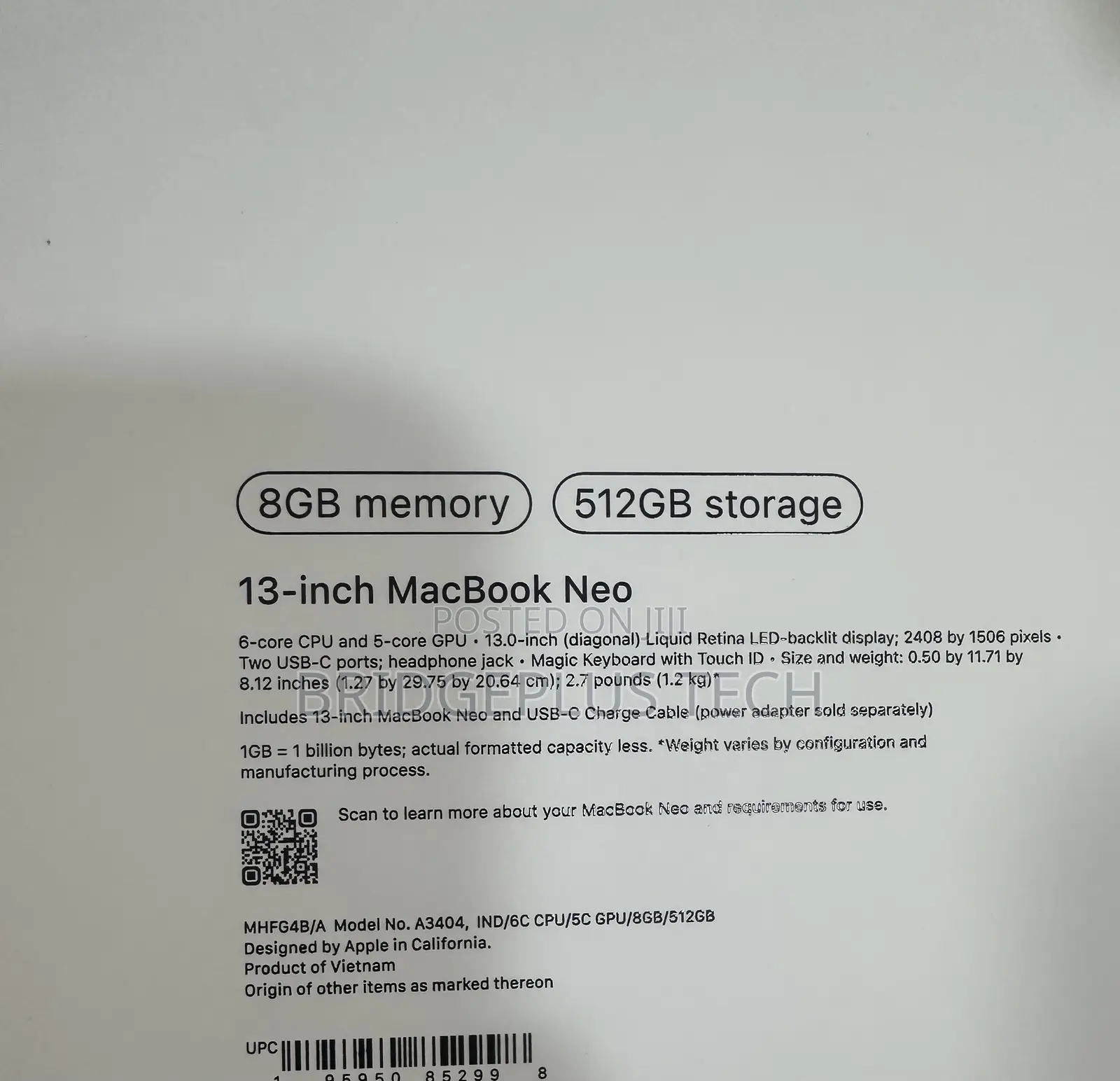 New Laptop Apple MacBook Neo 2026 8GB SSD 512GB