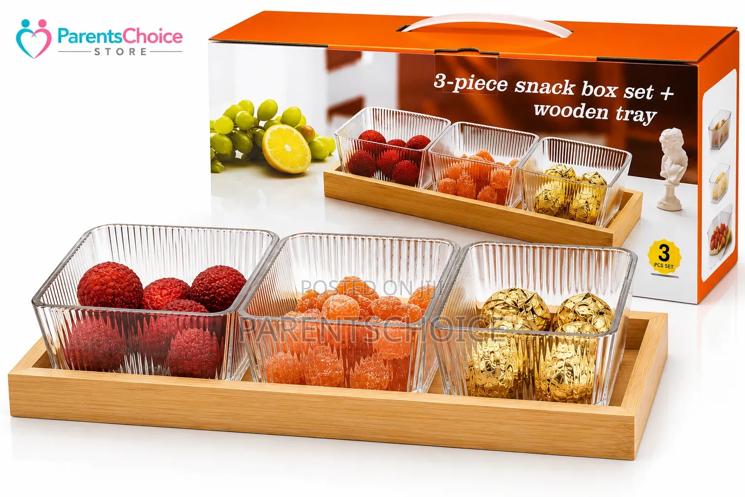 3-piece Snack Box Set With Wooden Tray