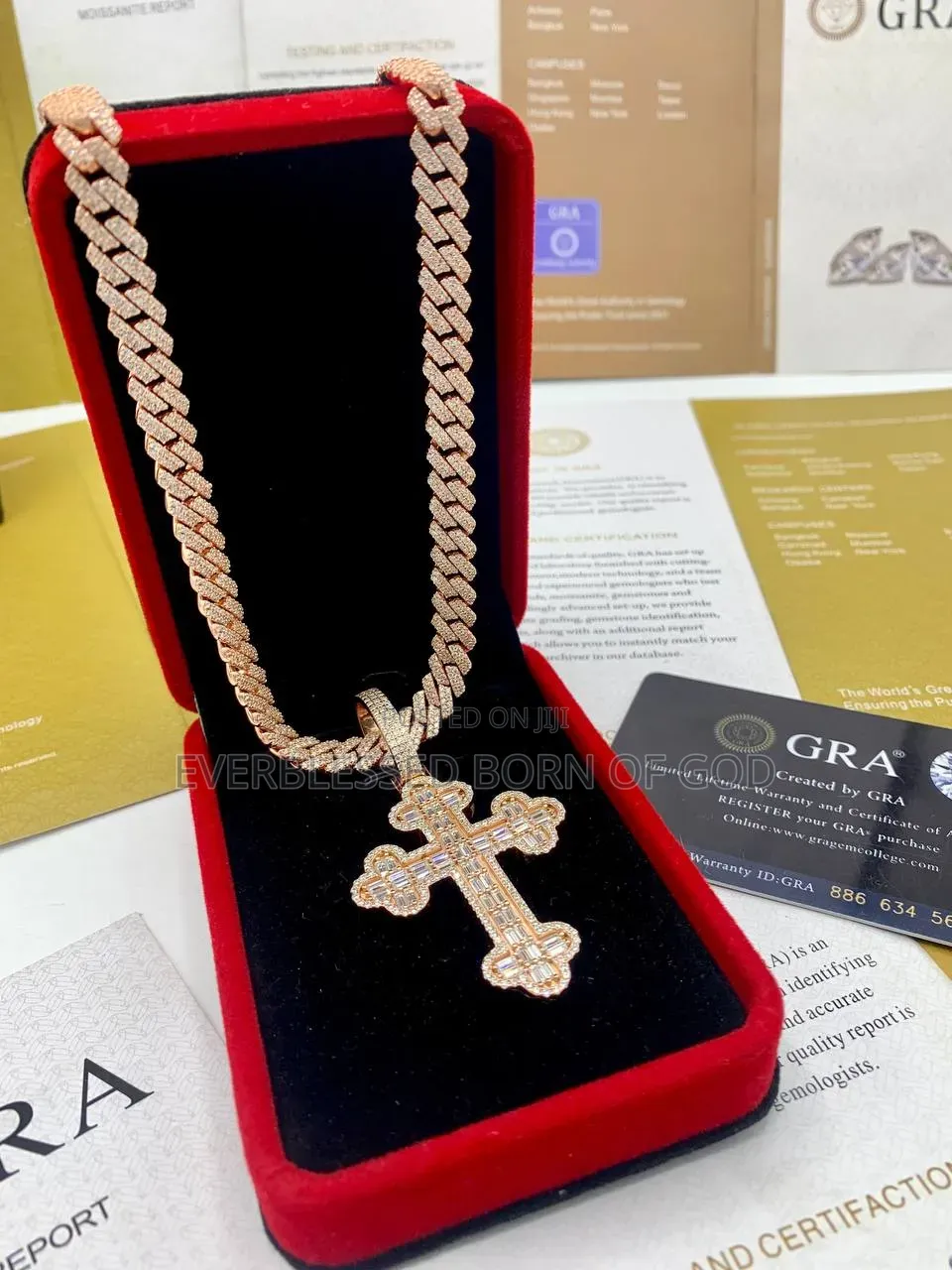 Diamond Rosegold Baguette Cross Pendant on Cuban Neckchain