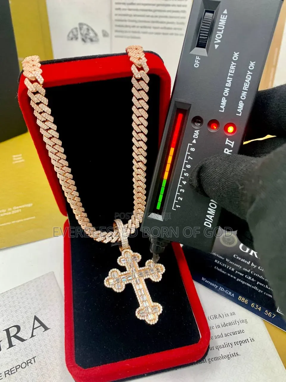 Diamond Rosegold Baguette Cross Pendant on Cuban Neckchain