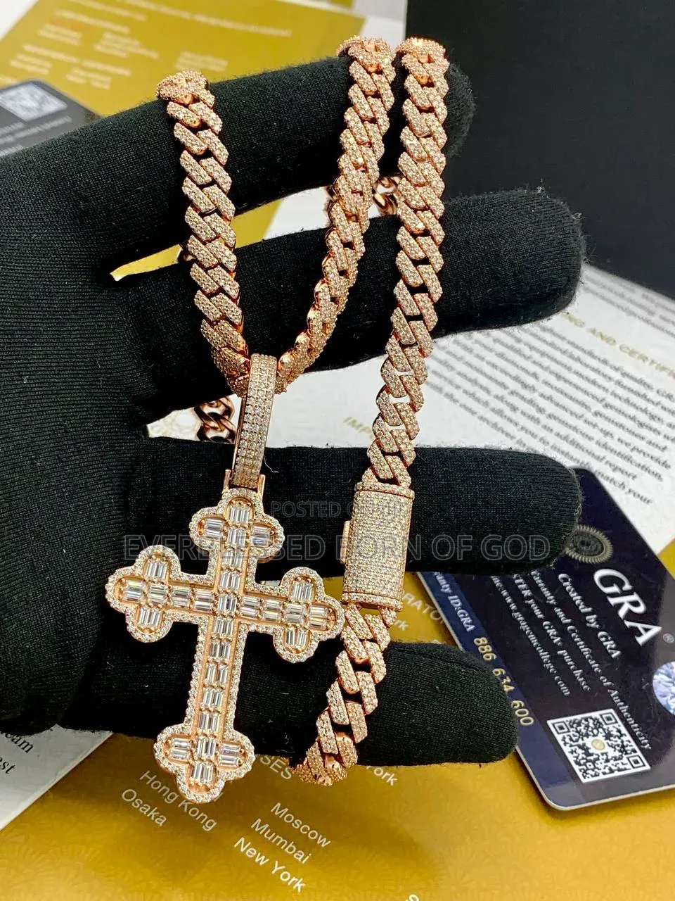Diamond Rosegold Baguette Cross Pendant on Cuban Neckchain