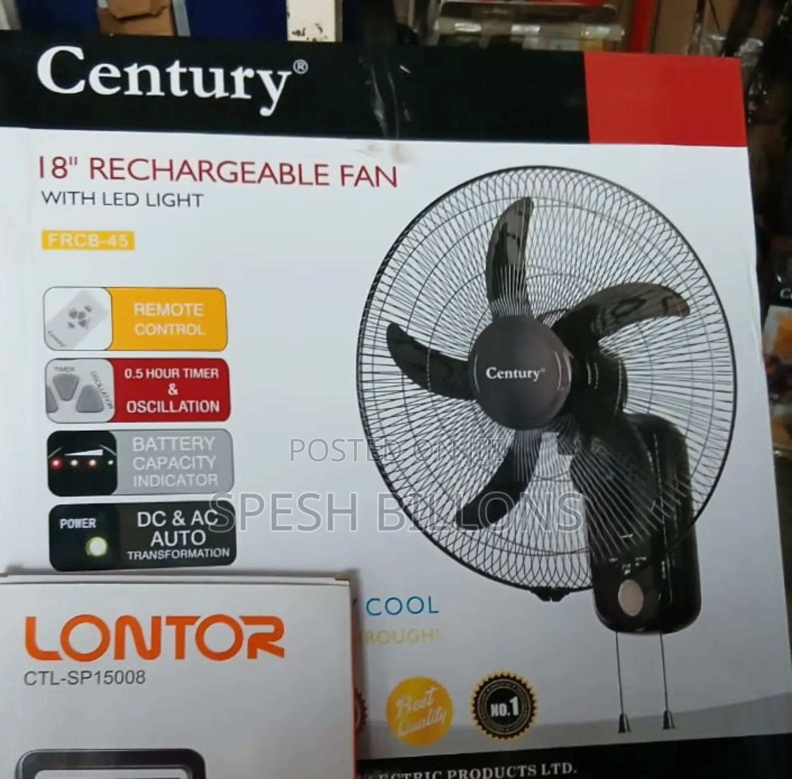 Century 18" 3in1 Rechargeable Wall Fan, Remote, 6pc Led, 21hrs Battery