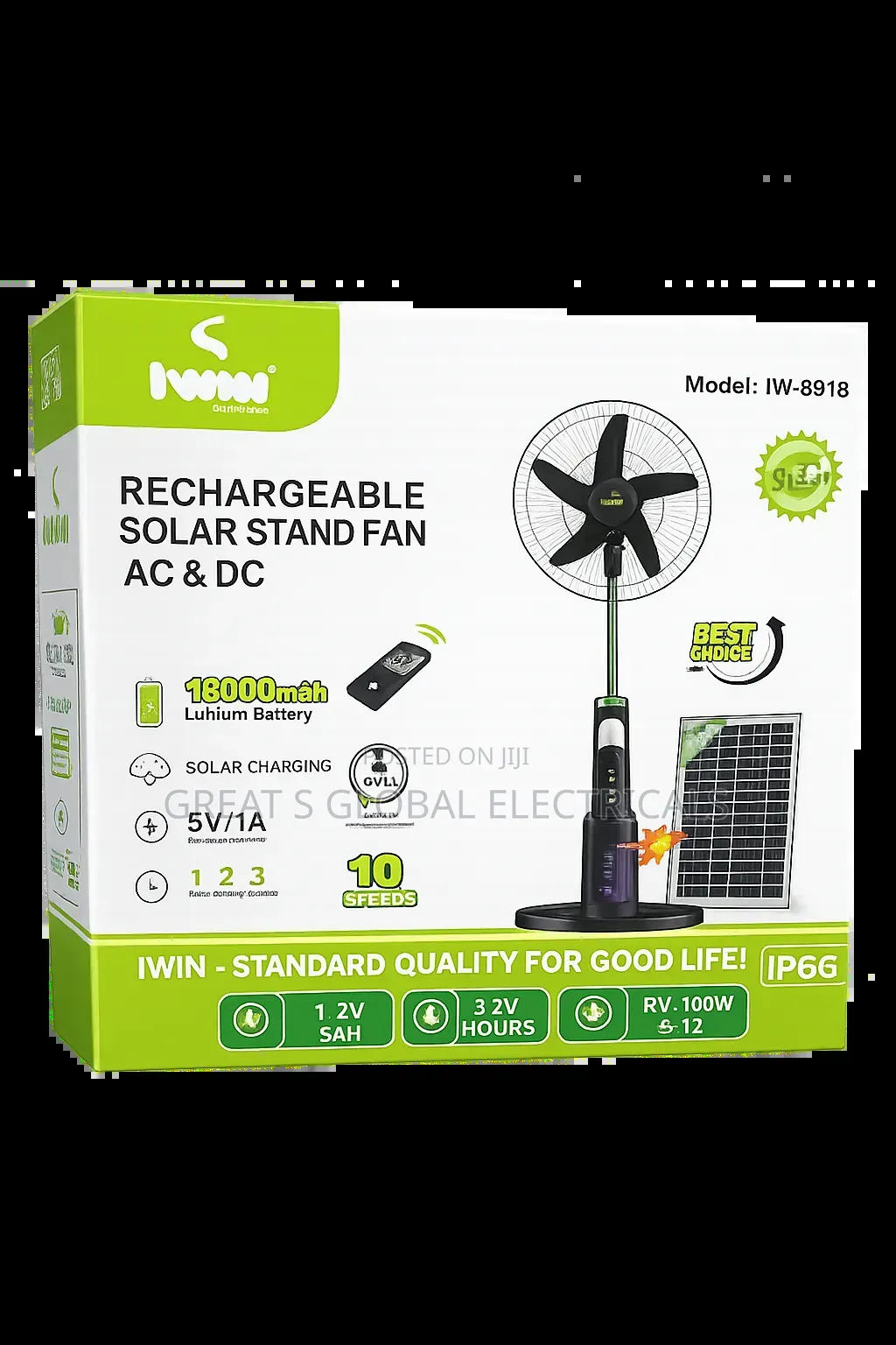 Iwin 18 Inches Rechargeable Solar Stand Fan (Ac Dc)