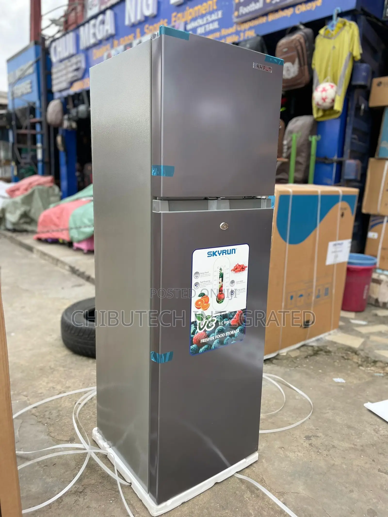 A Brand New Skyrun Double-Door Refrigerator in a Metallic Grey Finish