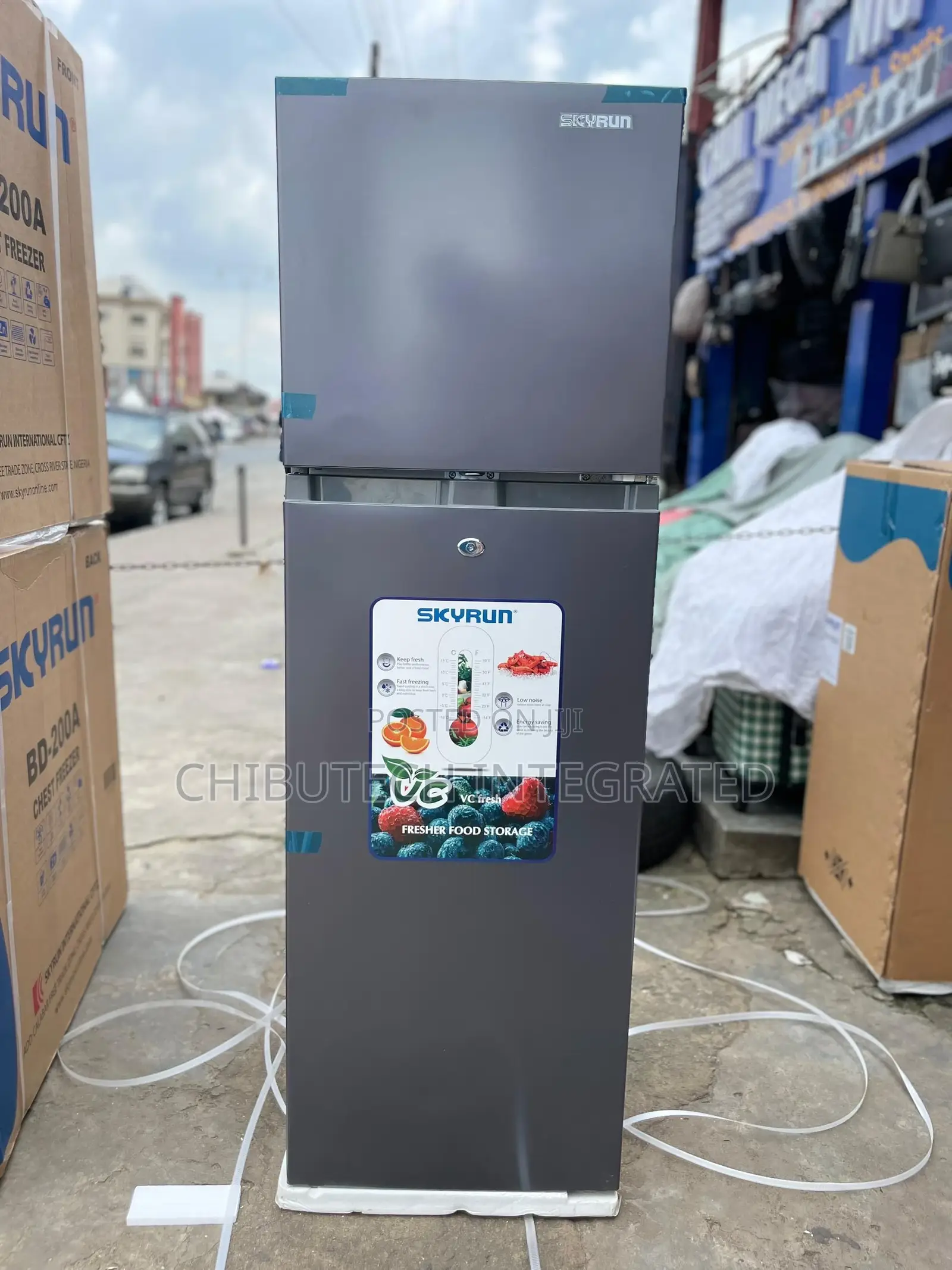 A Brand New Skyrun Double-Door Refrigerator in a Metallic Grey Finish
