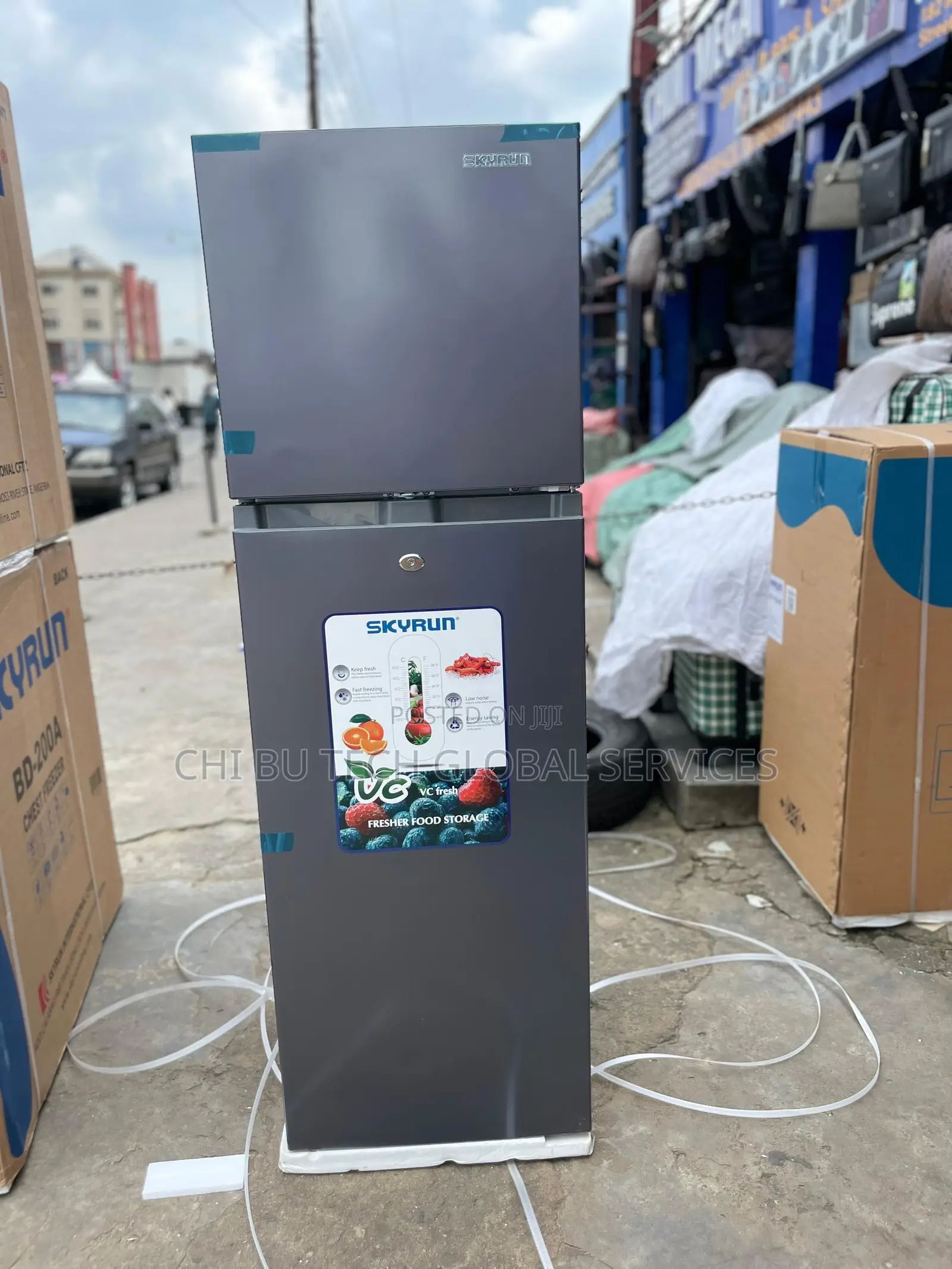 A Brand New Skyrun Double-Door Refrigerator in a Metallic Grey Finish