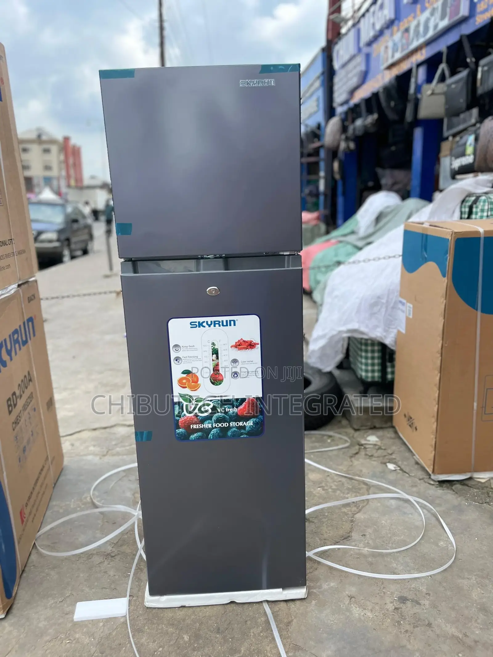 A Brand New Skyrun Double-Door Refrigerator in a Metallic Grey Finish
