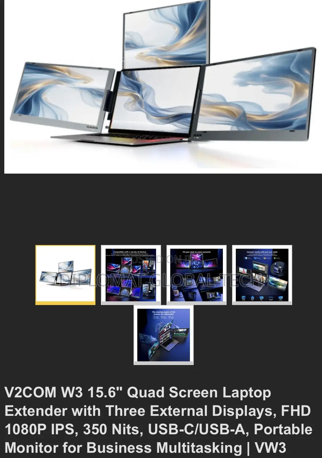 V2com W3 15.6" Quad Screen Laptop Extender Fhd Usb-c Portable Monitor