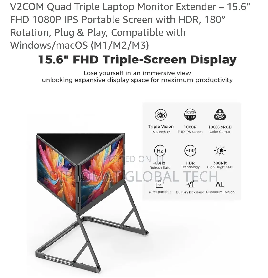 V2com Quad Triple Laptop Monitor Extender – 15.6 inches Ips Portable Screen