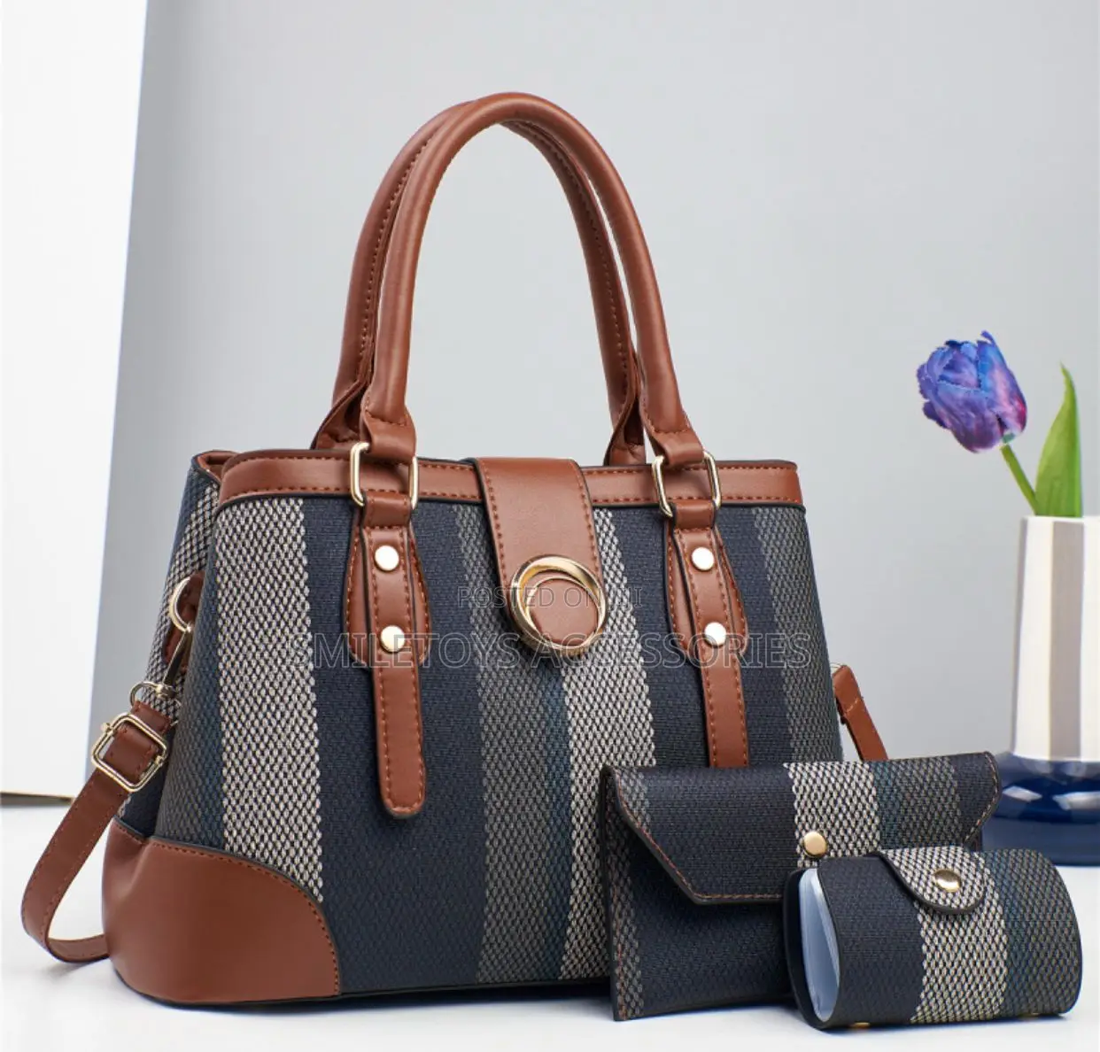 Ladies 3-Piece Striped Handbag Set – Tote Bag, Wallet Pouch