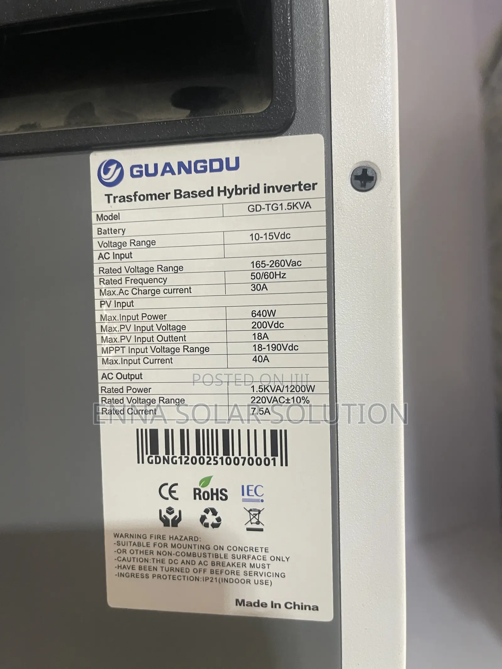 1.5kva (1200w) Hybrid MPPT Inverter Transformer Base