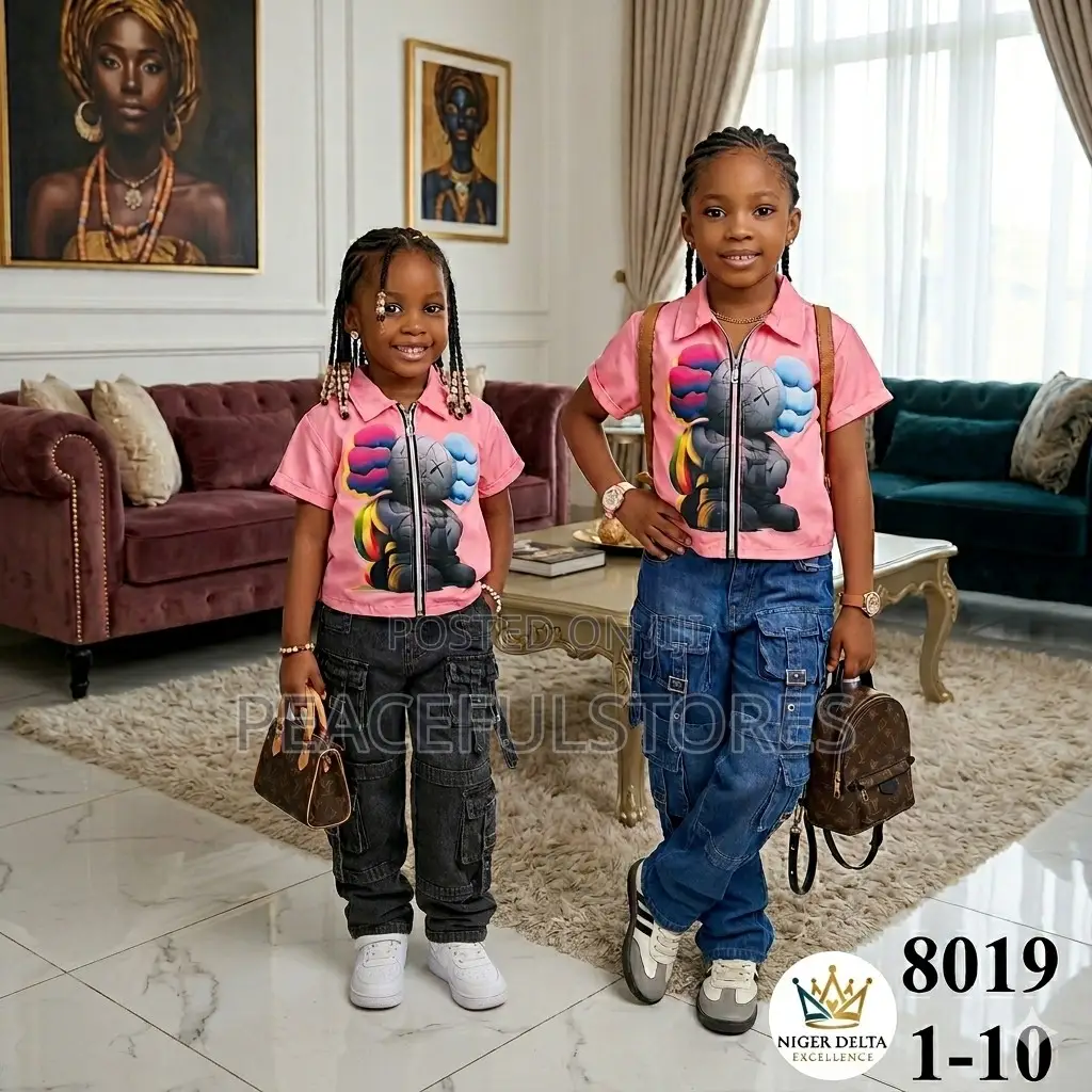 Kids' Trendy Kaws Pink Zip Shirt Cargo Pants Set