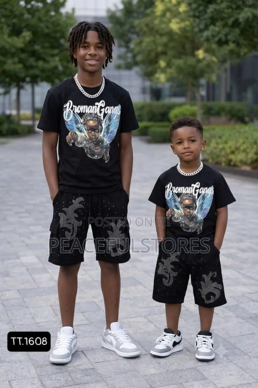Boys' Trendy "Bromangangs" Graphic Tee Rhinestone Shorts Set