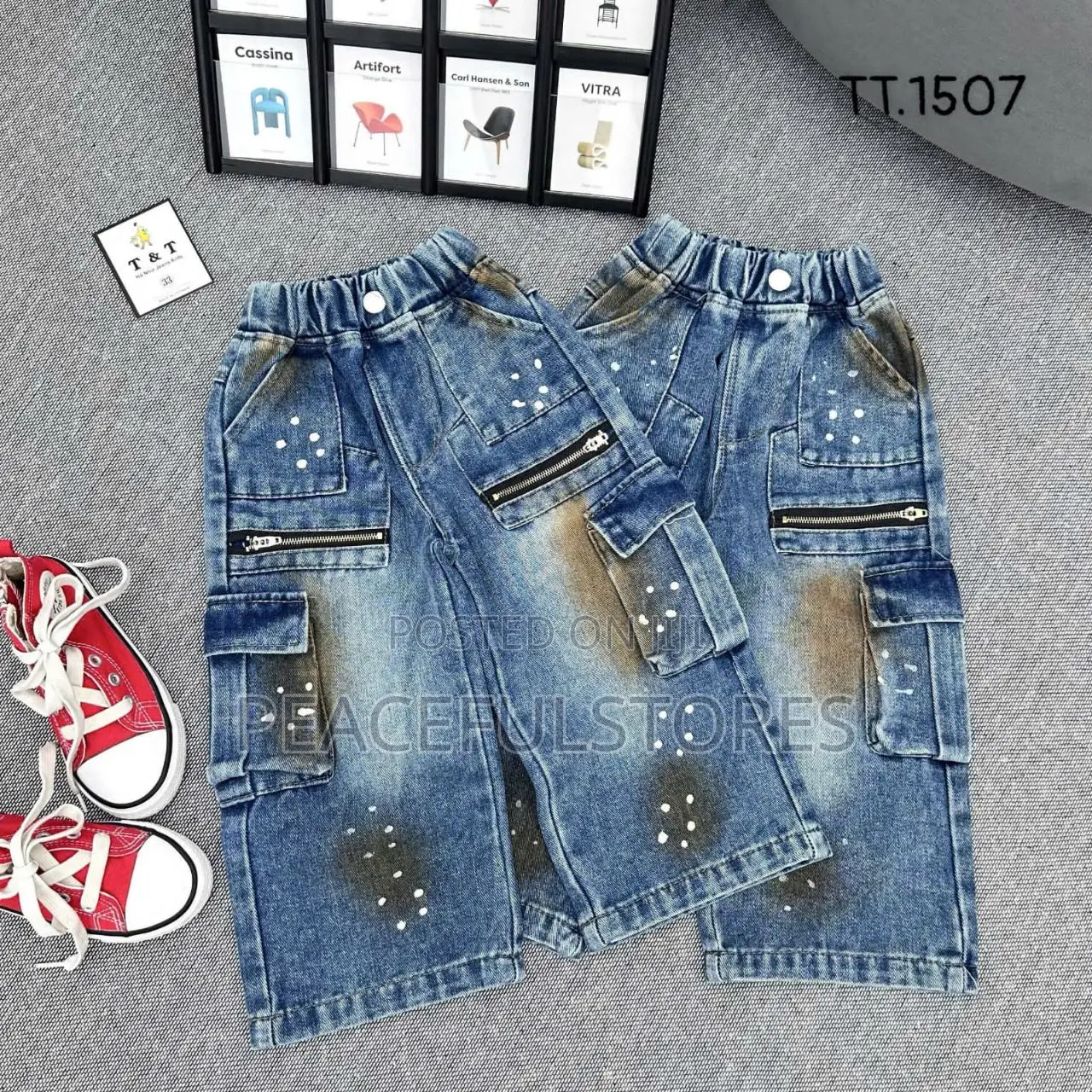 Kids' Luxury Heavy-Wash Multi-Pocket Cargo Denim Jeans