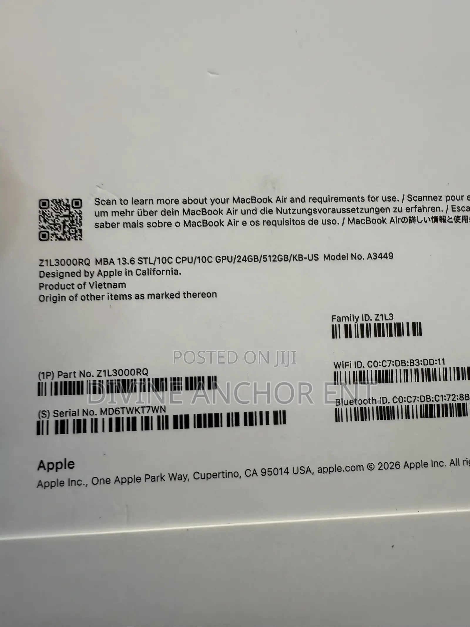 New Laptop Apple MacBook Air 2026 M5 24GB Apple M5 SSD 512GB