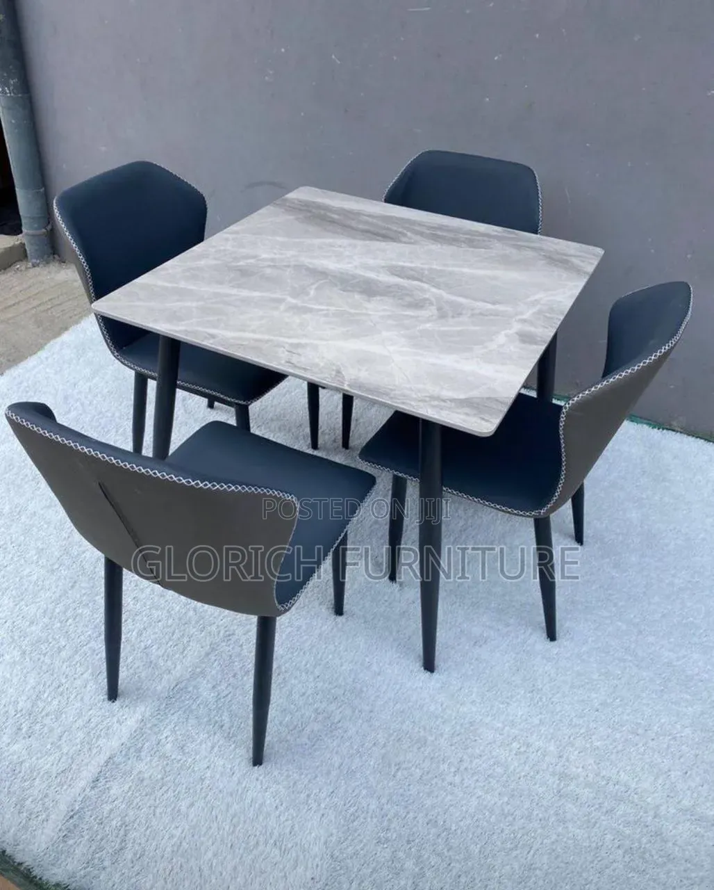 Square Marble-Top Dining Set–4-Seater With Dark Grey Leatherette Chair