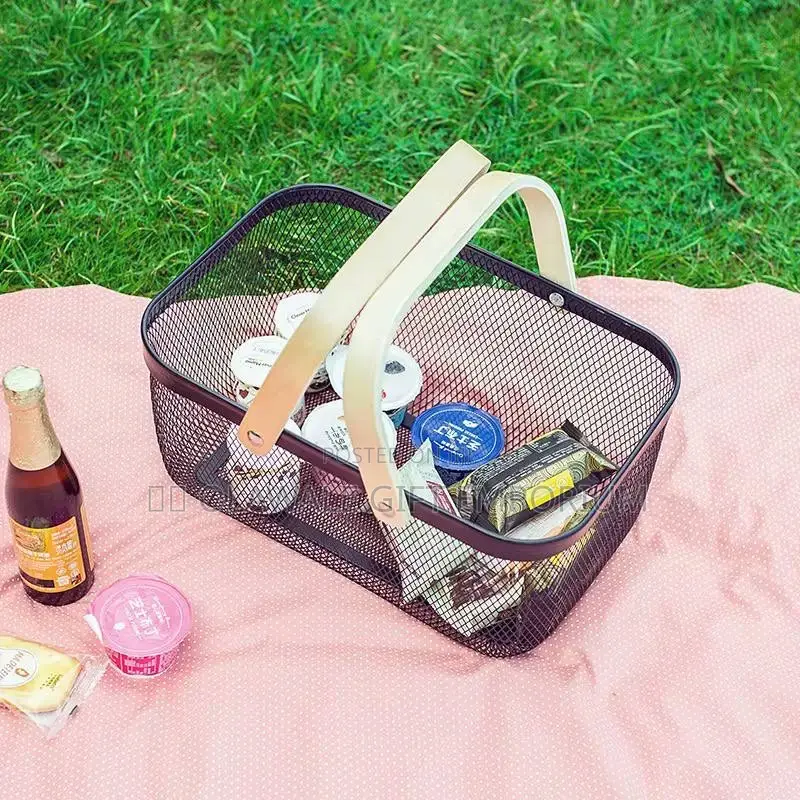 Wooden Handle Metal Basket