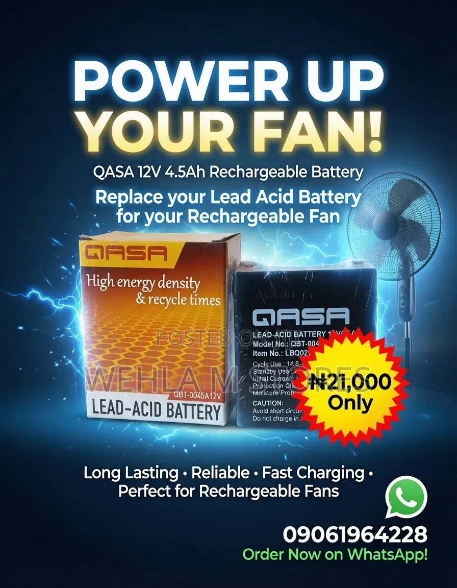 Qasa Lead Acid Replacement Battery for Rechargeable Fan - QBT-0045a12v