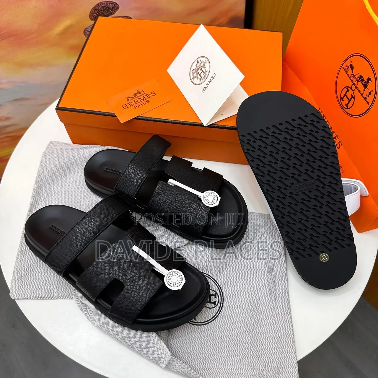 Quality Original Hermes Leather Sandals Black
