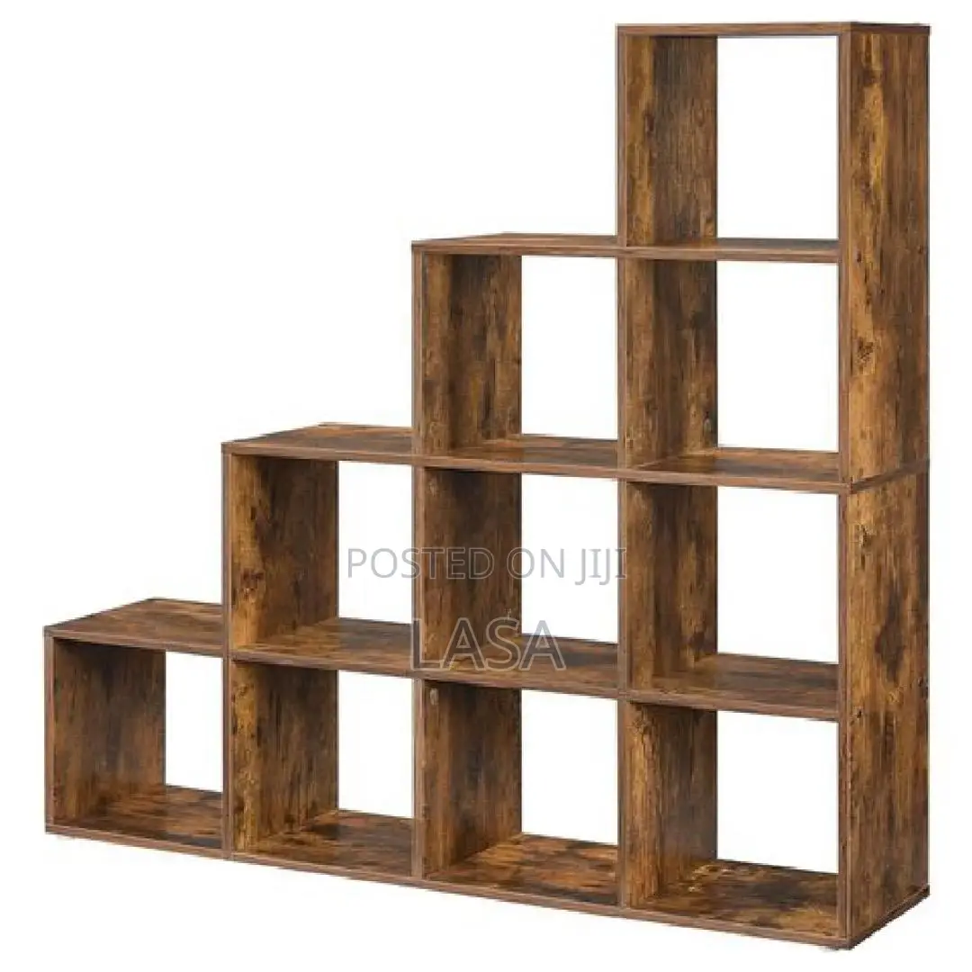 10-Cube Wooden Ladder Shelf Modern Storage Books and Decor