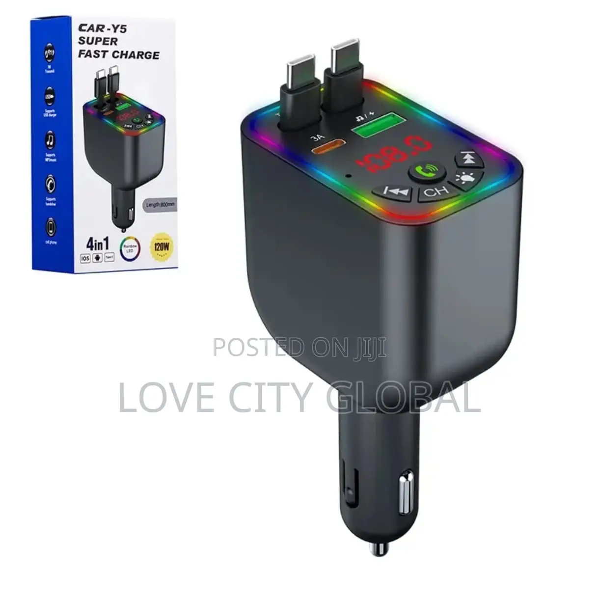 Car-Y5 Super Fast Charger 4-in-1 120w Bt Car Fm Retractable Cables
