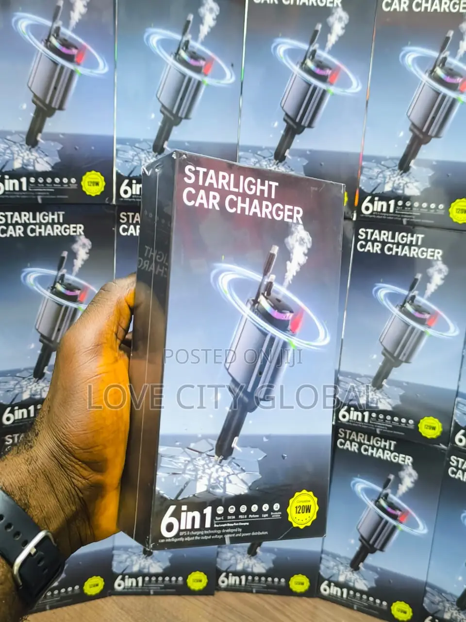 Starlight Car Charger 6in1 120w Retractable Typec Lightnin Diffuser.