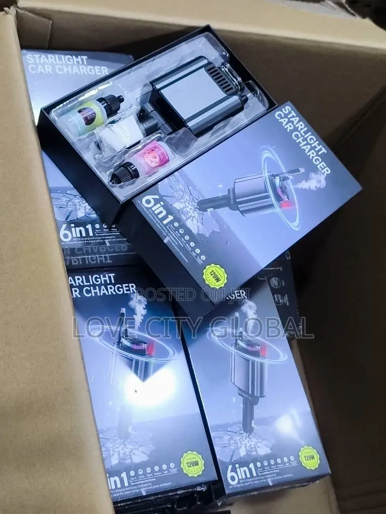 Starlight Car Charger 6in1 120w Retractable Typec Lightnin Diffuser.