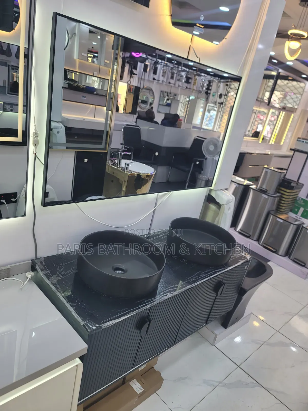Luxury Double Bathroom Vanity Set Black Cabinet, Marbletop, Led Mirror