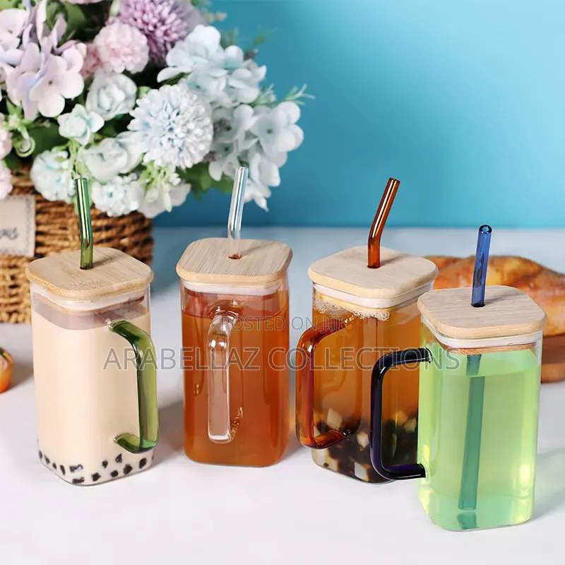 Eco-Friendly High Borosilicate Milk Tea Square Glass With Bamboo Lid
