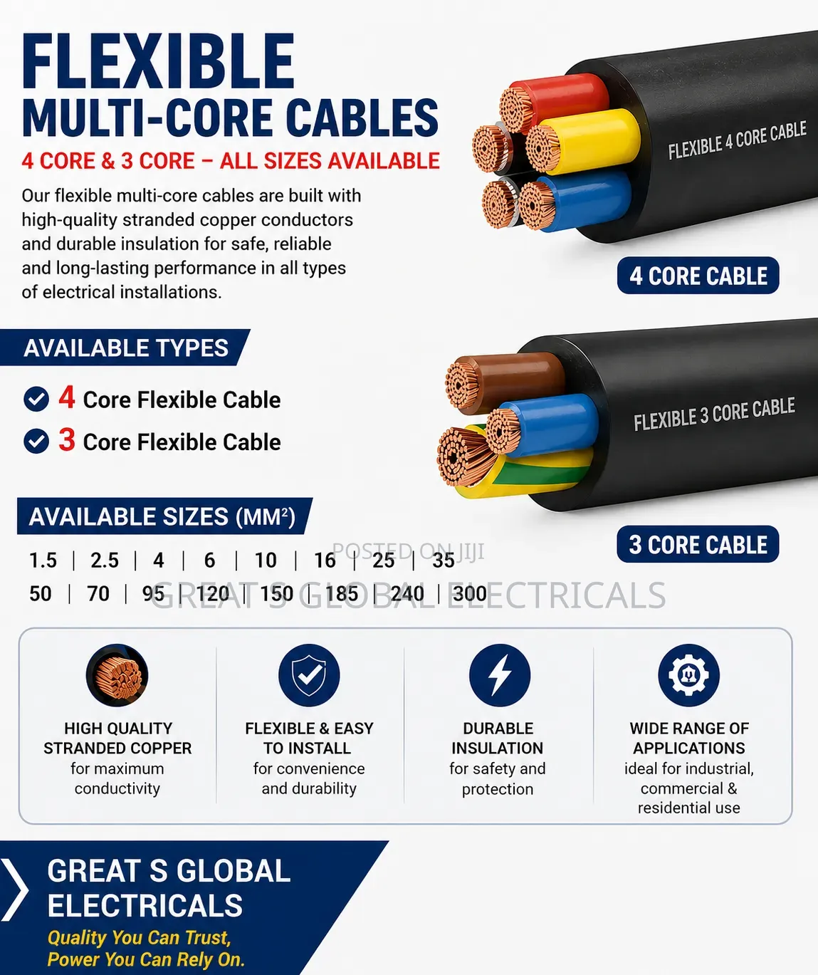 Flexible 4-Core 3-Core Copper Cable – All Sizes Available