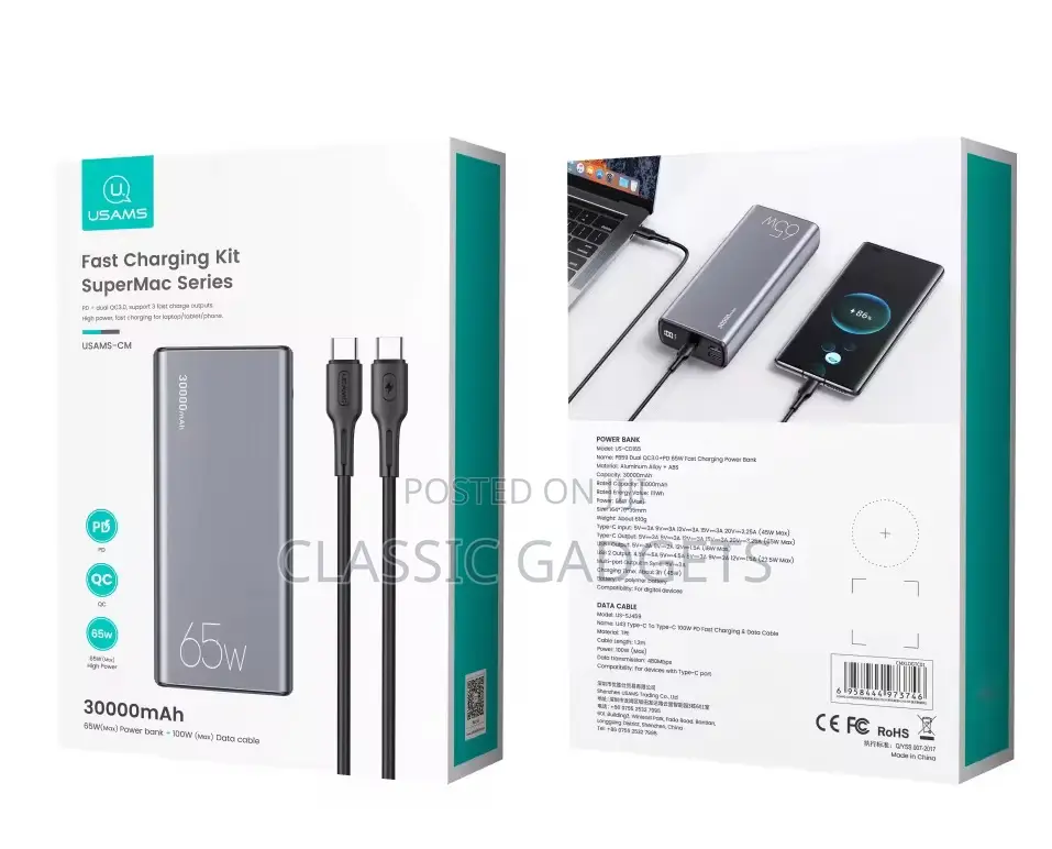Usams 30,000 Mah 65w Power Bank for Laptops and Mobile Phones