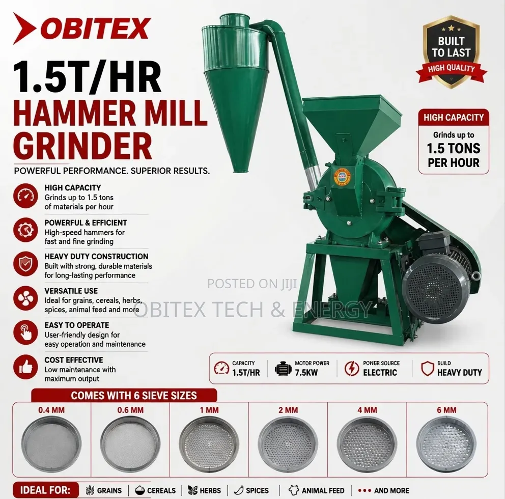 1.5 Ton/Hour Hammer Mill Grinder–7.5kw Industrial Grain Feed Crusher