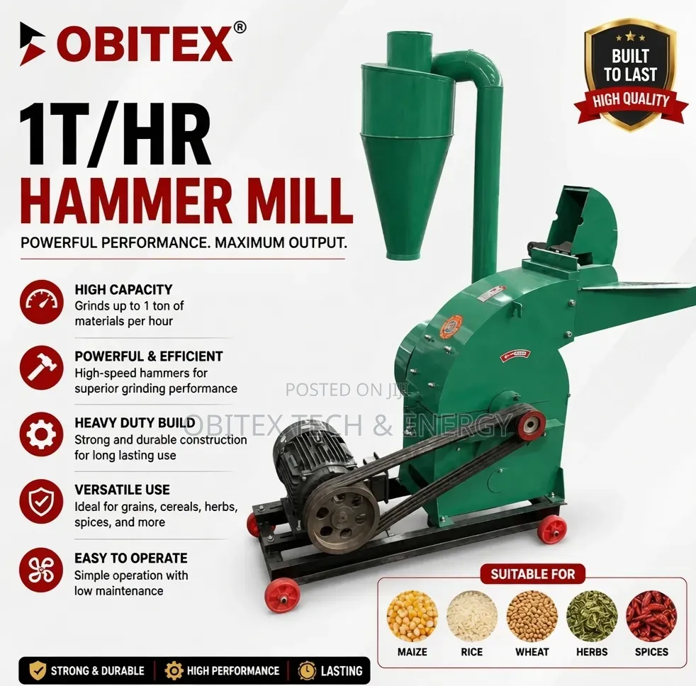 1ton/Hr Industrial Hammer Mill – Grain Crusher/Feed Processing Machine