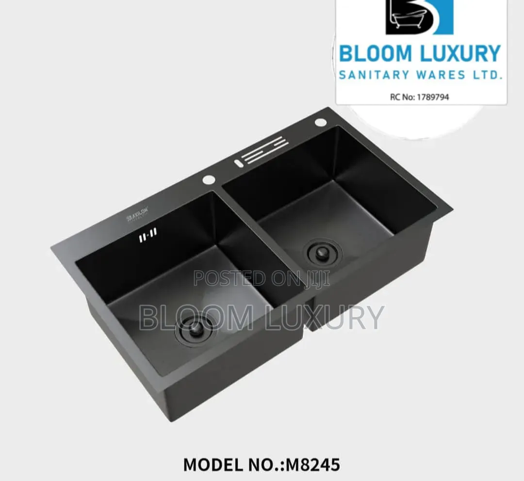 Nano Black Double Bowl Sink With Knife Shelve, Soap Dispenser+Waste