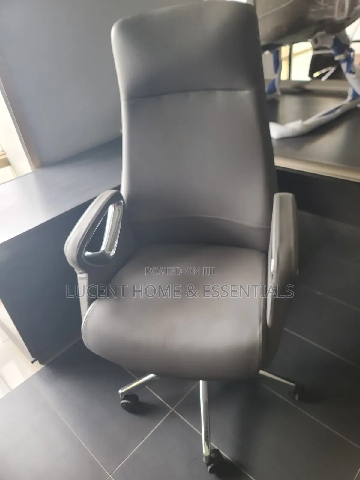 Premium Grey Leather Executive Chair With Chrome Accents