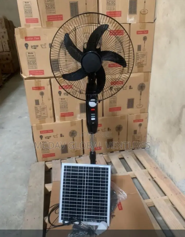 Solar Standing Fan (Charweek) With Panel, Remote, and Bulbs