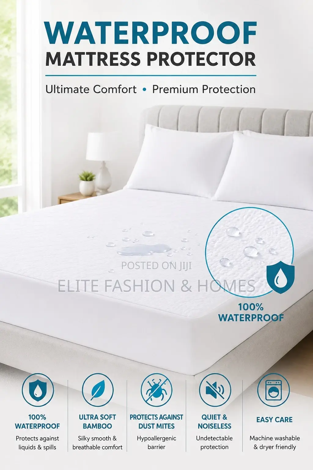 100% Waterproof Mattress Protector Soft, Breathable Machine Washable