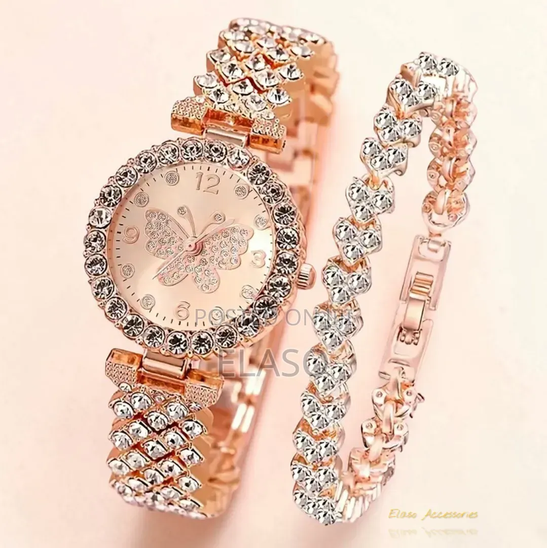 2pcs Elegant Butterfly Quartz Watch Ladies Bracelet Set