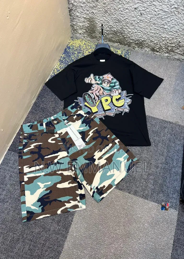 Trendy Graphic T-shirt With Camo Shorts – Complete Outfit