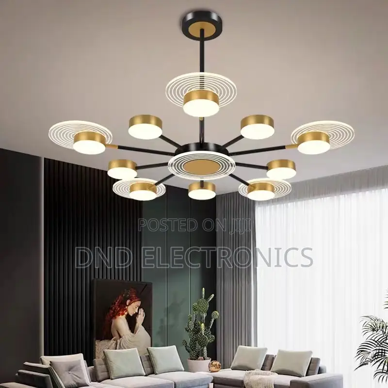 Modern 12-Arm Led Chandelier Black Gold Luxury Ceiling Light